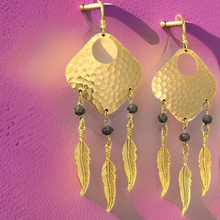 Load image into Gallery viewer, Bohemian Dream Catcher Earrings with Feathers and Black Lava Rocks by The Urban Charm