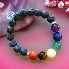 Load image into Gallery viewer, Large Black Lava Rock Chakra Balance Bracelet with Natural Gemstones and Charm