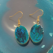 Load image into Gallery viewer, Blue & Green Hand Painted Marbleized Mini Oval Earrings