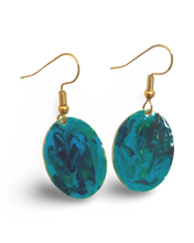 Load image into Gallery viewer, Blue & Green Hand Painted Marbleized Mini Oval Earrings