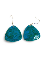 Load image into Gallery viewer, Blue & Green Hand Painted Enamel Marbleized Guitar Pick Earrings