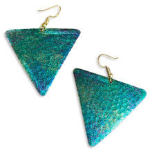 Load image into Gallery viewer, Art Deco Hand Painted Blue Green Triangle Earrings
