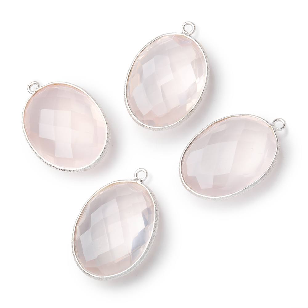 21x16mm Sterling Silver Textured Bezel Rose Quartz Faceted Oval 1 Pendant
