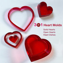 Load image into Gallery viewer, 3-in-1 Heart Molds Set  (super shiny silicone, make solid hearts, open hearts, and heart dishes in 4 sizes)
