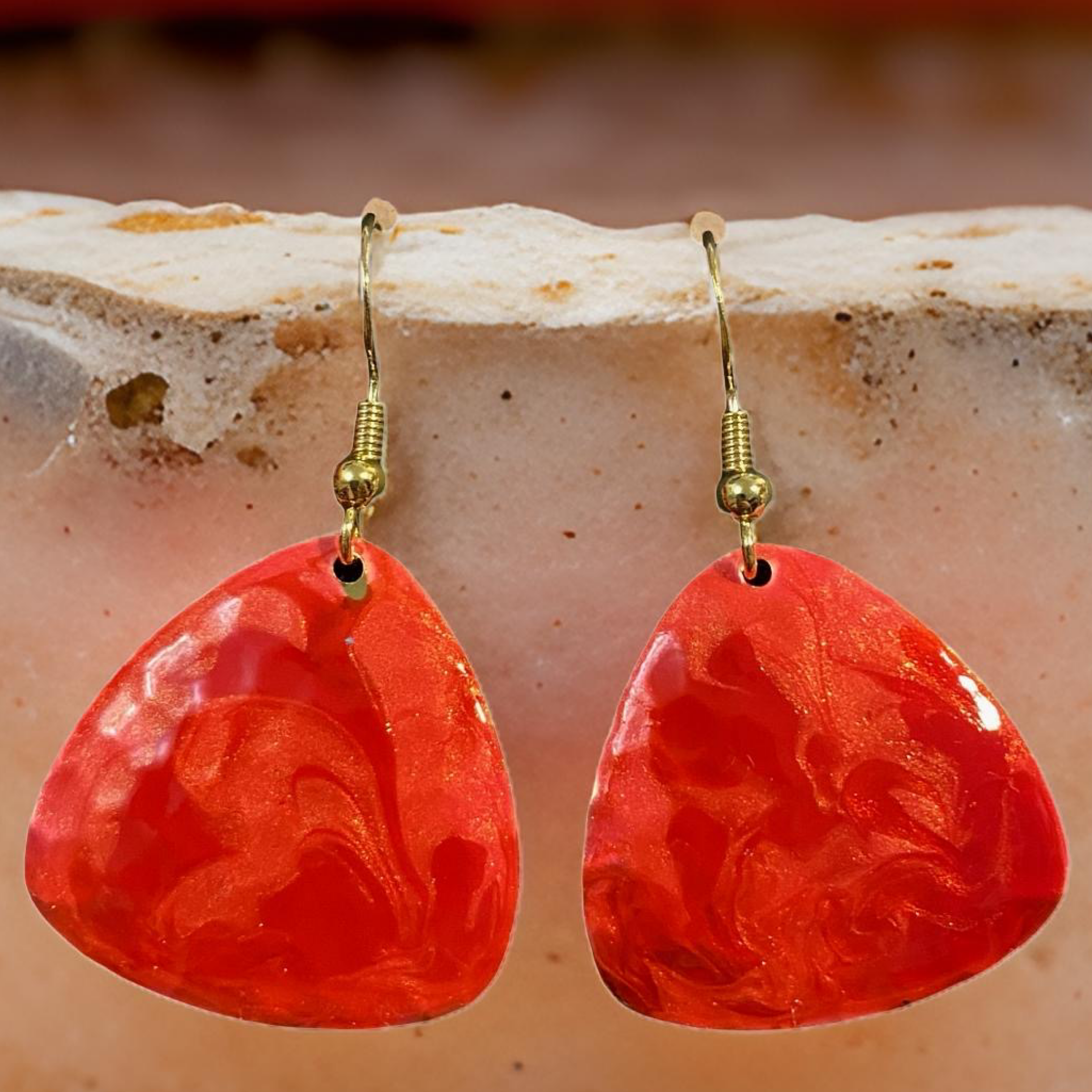 Red & Pink Marble Guitar Pick Lures of Love Earrings