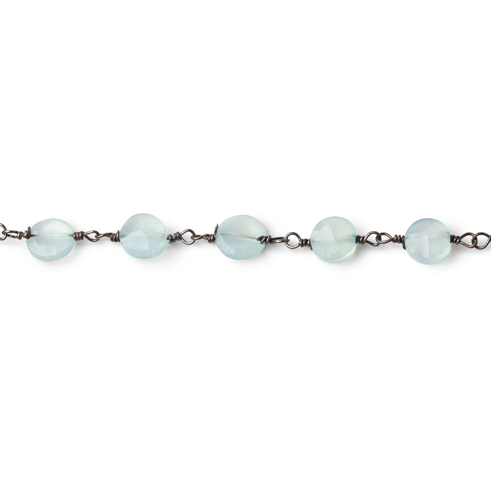 6mm Powder Blue Chalcedony Faceted Coin on Black Gold Plated Chain