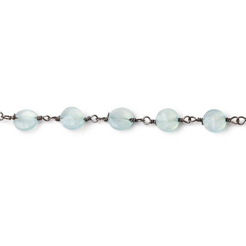 6mm Powder Blue Chalcedony Faceted Coin on Black Gold Plated Chain