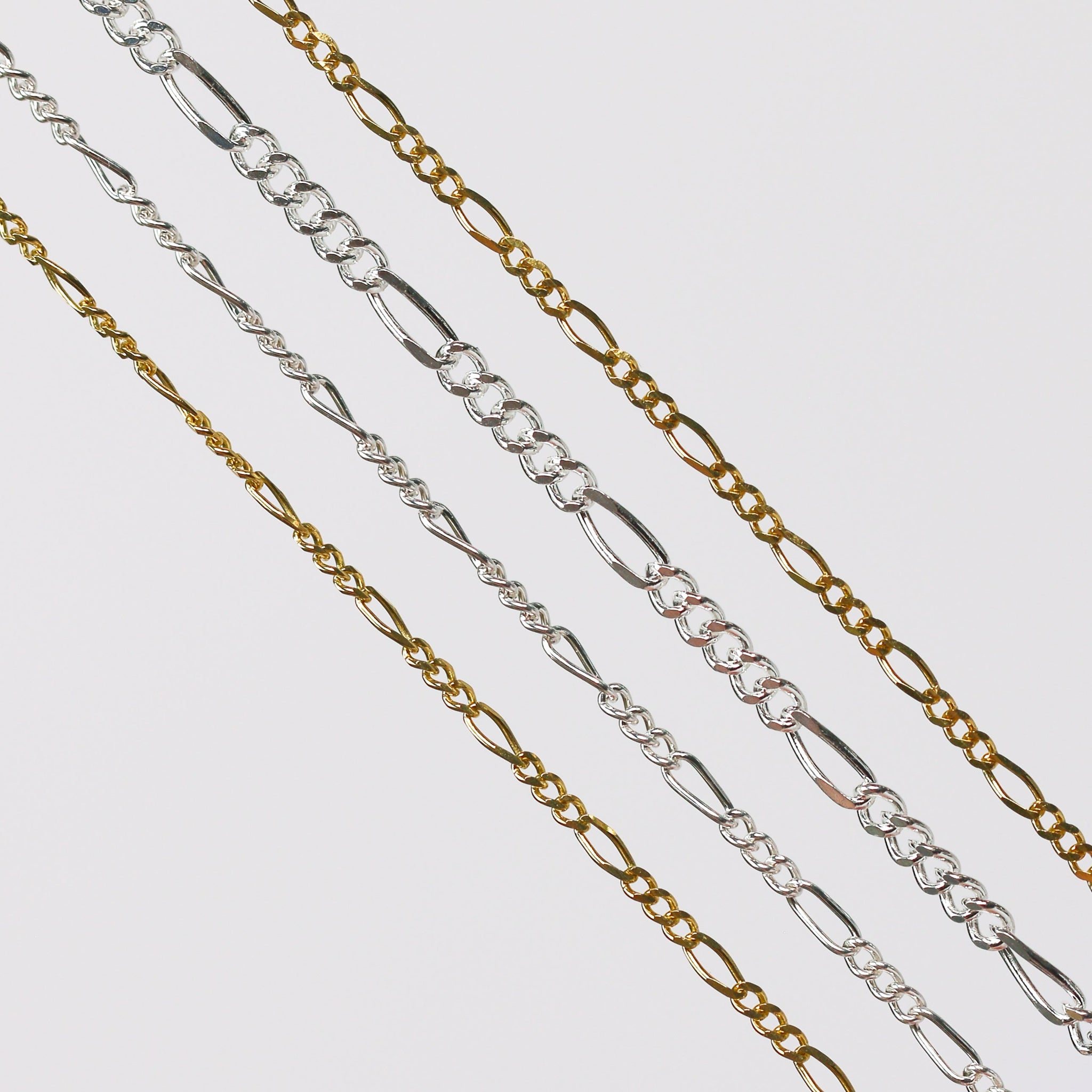 Charlie Permanent Jewelry Chain, Figaro Design, Lie Flat Links, Available in Gold Options and Sterling Silver