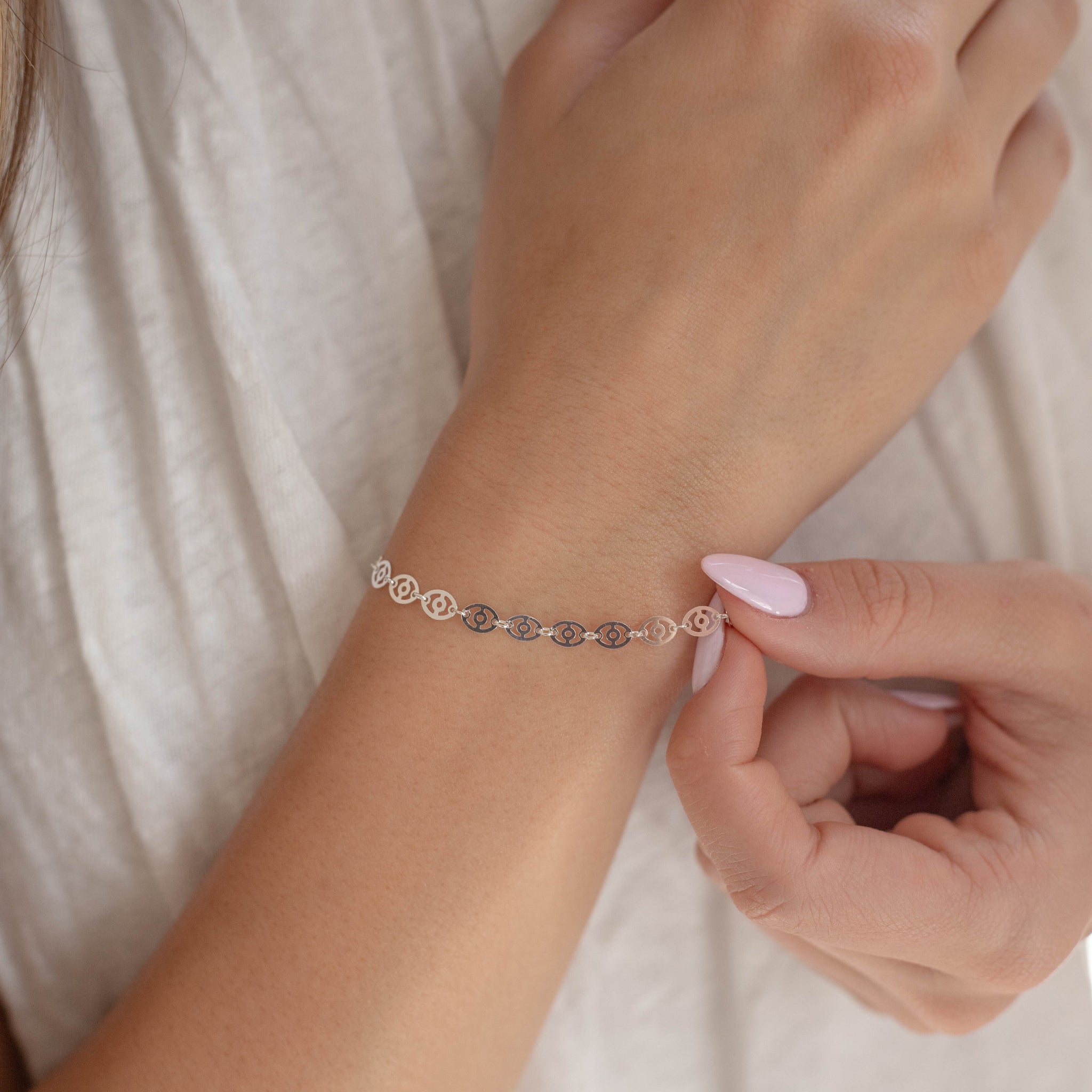 Carlotta Permanent Jewelry Chain, Oval Disc Design, Oval Small Hole Links, Available in Sterling Silver