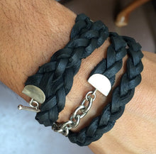 Load image into Gallery viewer, Silver Chain Black Braided Four Wrap Genuine Leather Bracelet by The Urban Charm
