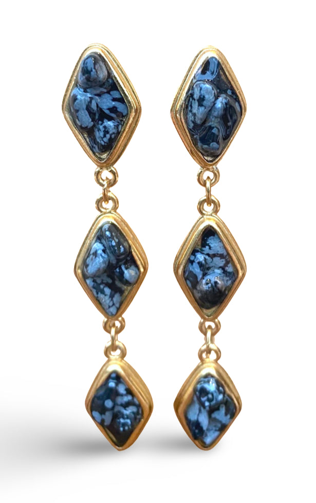 Natural Snow Obsidian and Silver Tier Drop Earrings by The Urban Charm