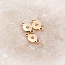 Load image into Gallery viewer, Round Disc Connector | 14K Gold Filled Yellow | 8.4mm | White Gemstone | 4pk
