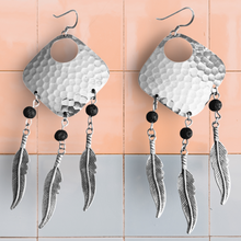 Load image into Gallery viewer, Bohemian Dream Catcher Earrings with Feathers and Black Lava Rocks by The Urban Charm
