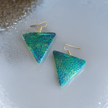 Load image into Gallery viewer, Art Deco Hand Painted Blue Green Triangle Earrings
