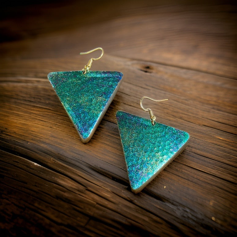Art Deco Hand Painted Blue Green Triangle Earrings