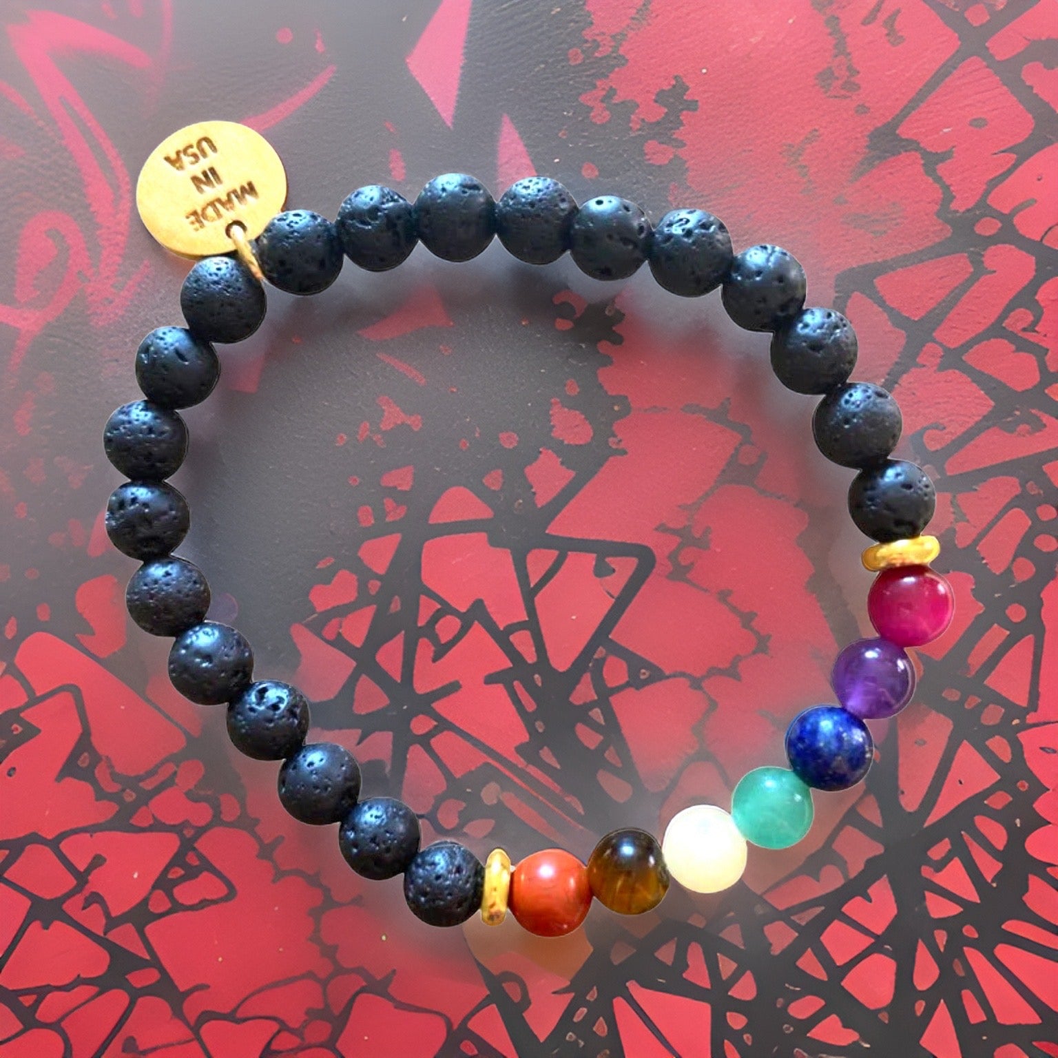 Chakra Bracelet with Natural Gemstones, Lava Rock and Charm