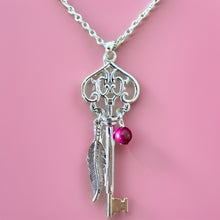 Load image into Gallery viewer, Skeleton Key Necklace with Pink Tiger’s Eye
