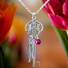 Load image into Gallery viewer, Skeleton Key Necklace with Pink Tiger’s Eye
