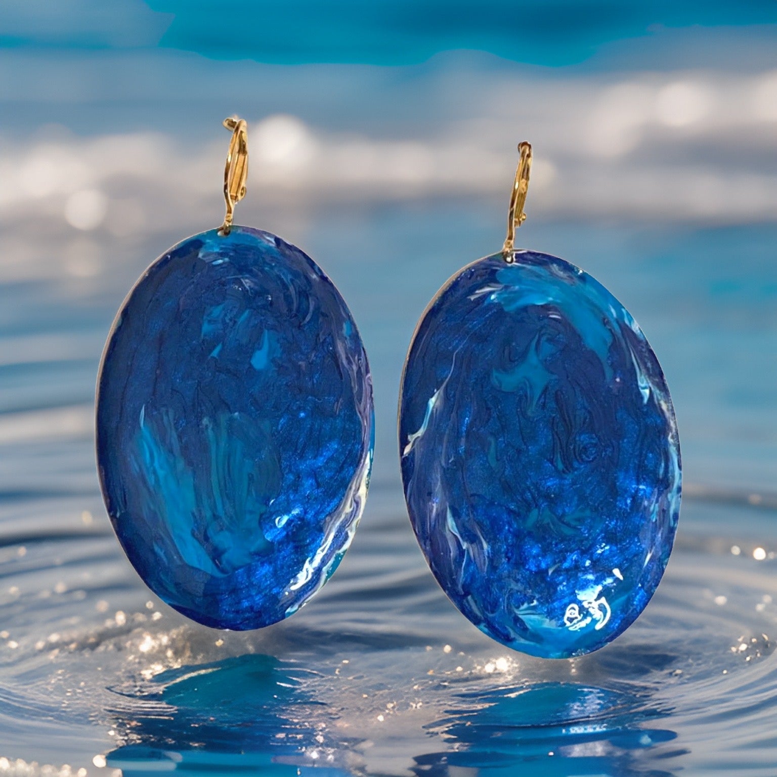 Blue Enamel Marble Oval Dome Earrings