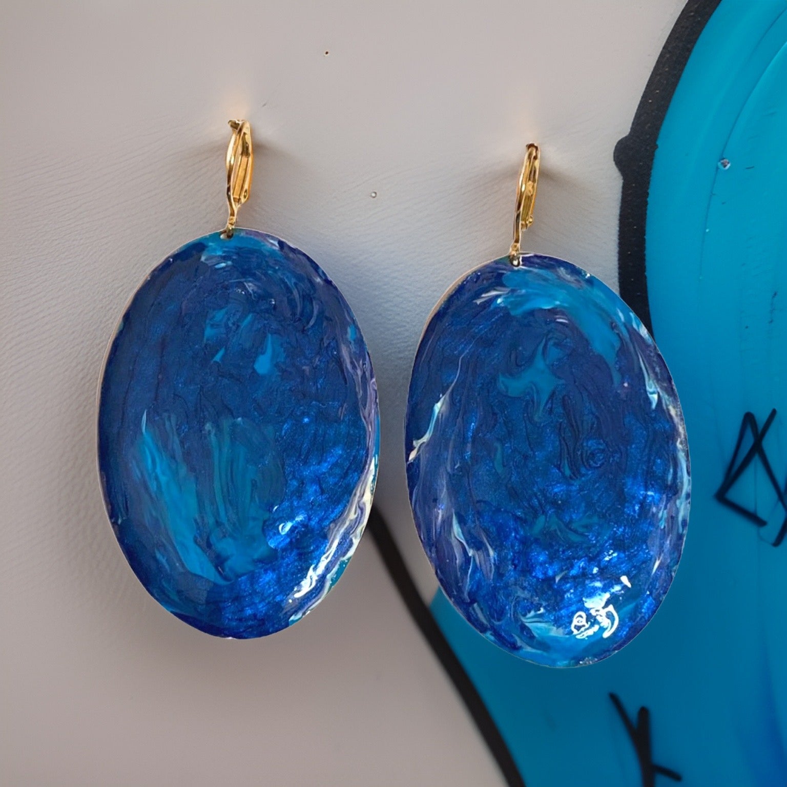 Blue Enamel Marble Oval Dome Earrings