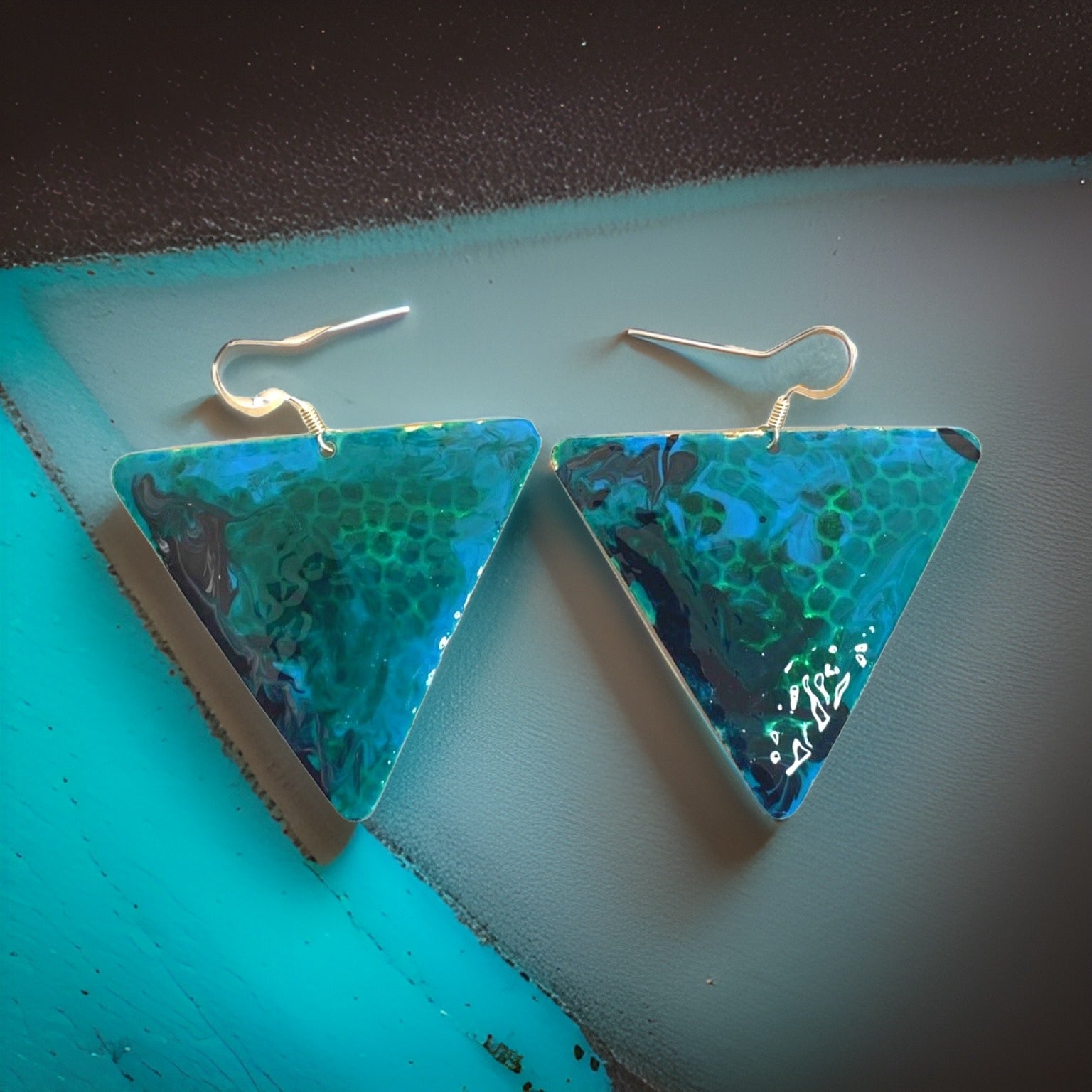 Blue Green Marble Triangle Dome Lures of Love Earrings
