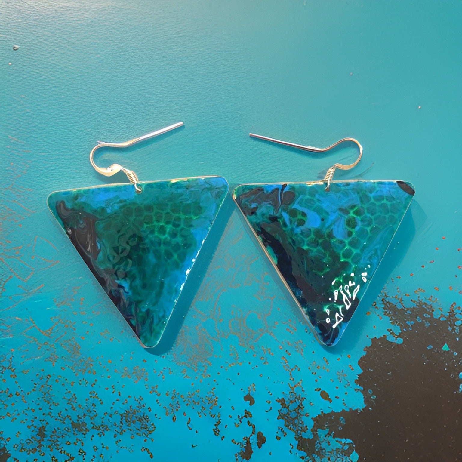 Blue Green Marble Triangle Dome Lures of Love Earrings