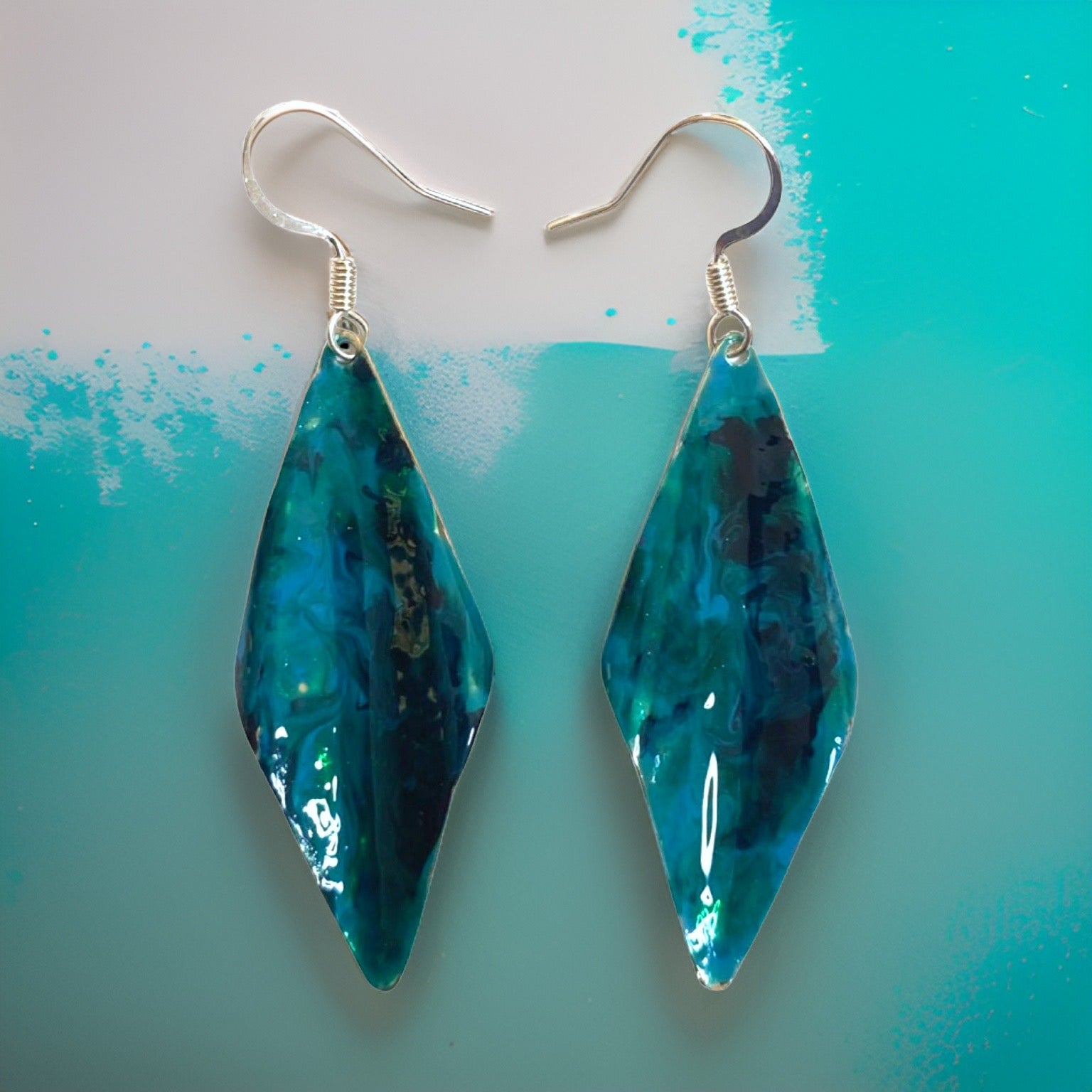 Blue Green Marble Wavy Lures of Love Earrings