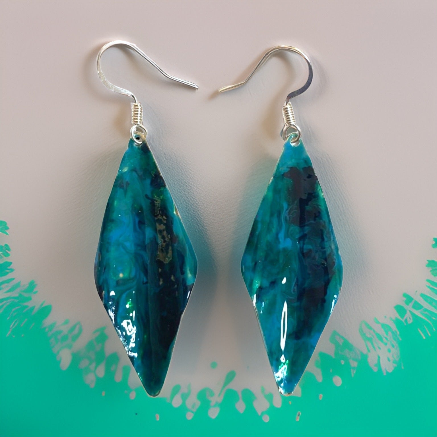 Blue Green Marble Wavy Lures of Love Earrings
