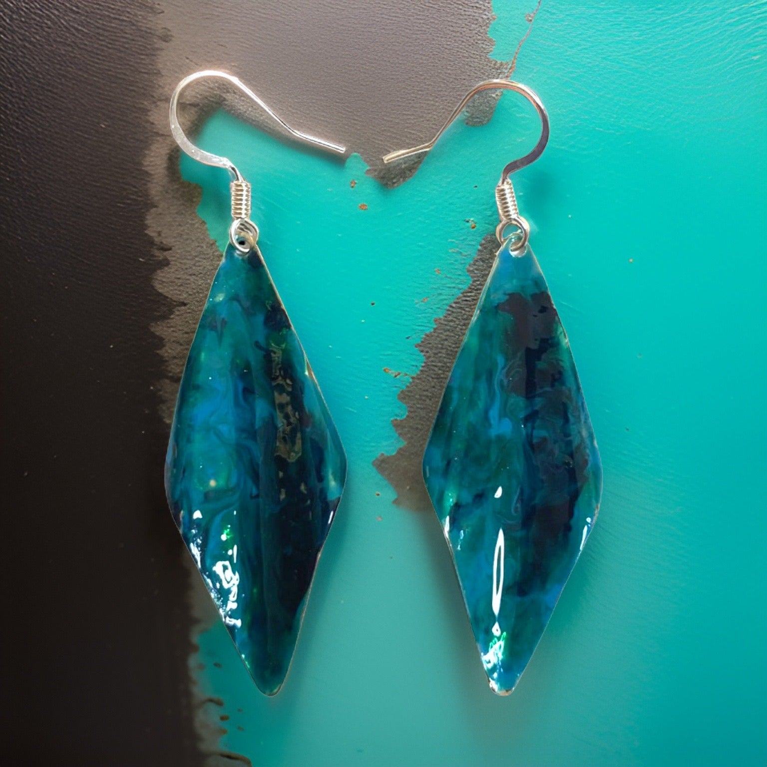 Blue Green Marble Wavy Lures of Love Earrings