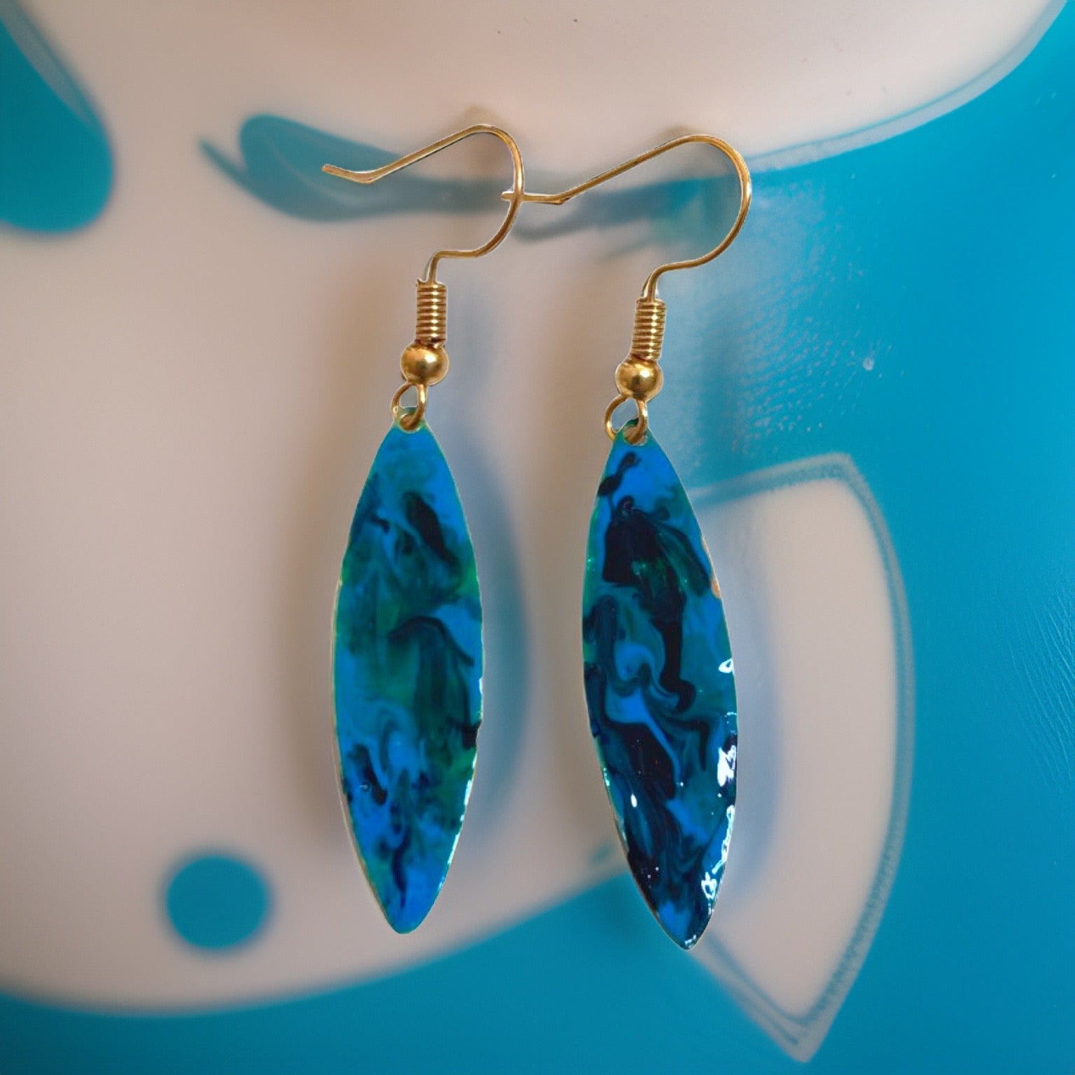 Blue Green Marble Mini Navette Lures of Love Earrings