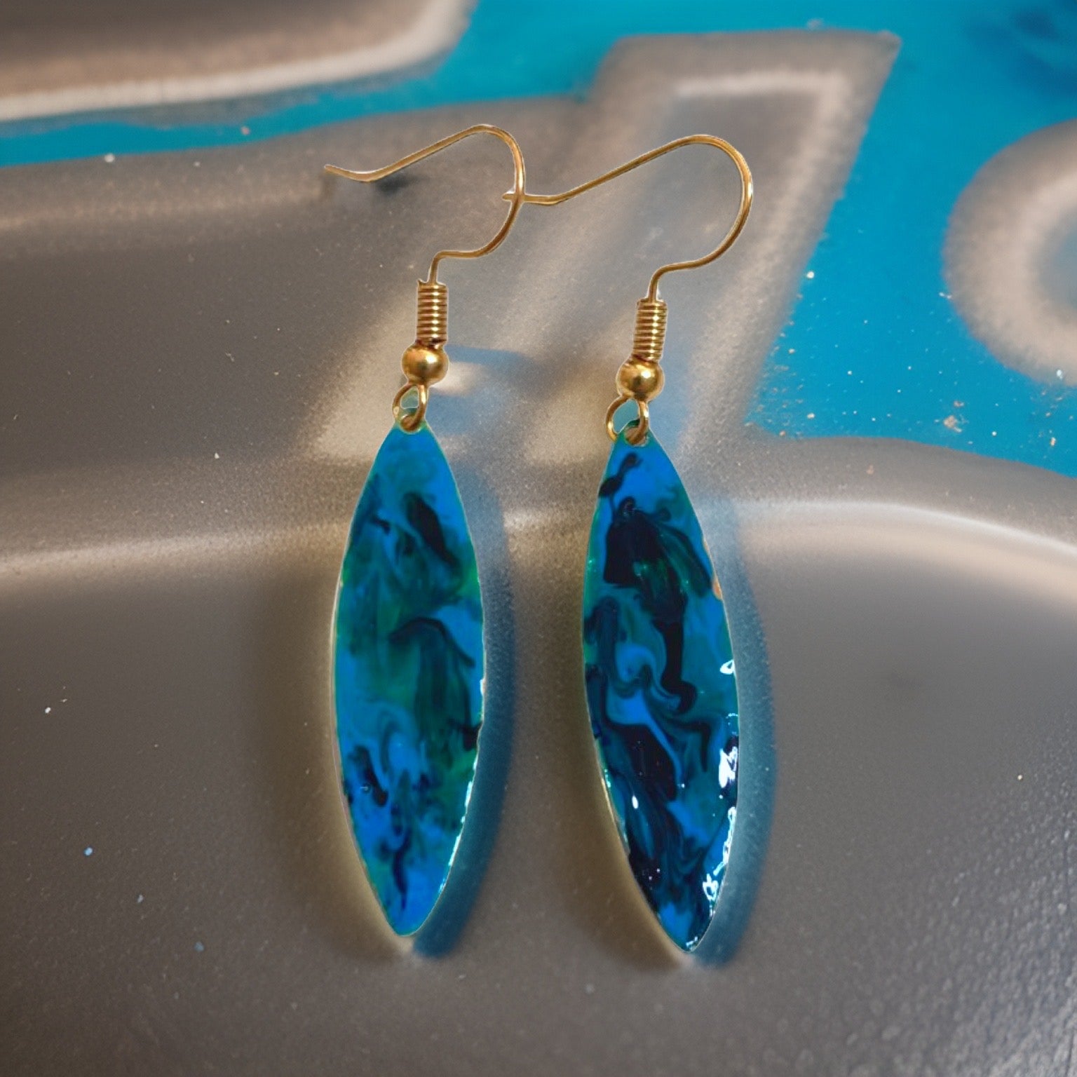 Blue Green Marble Mini Navette Lures of Love Earrings