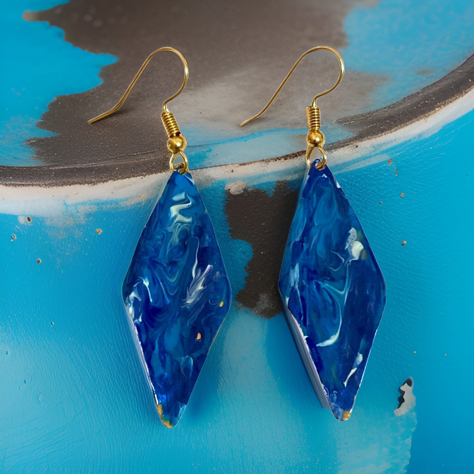 Blue Enamel Marble Wavy Earrings