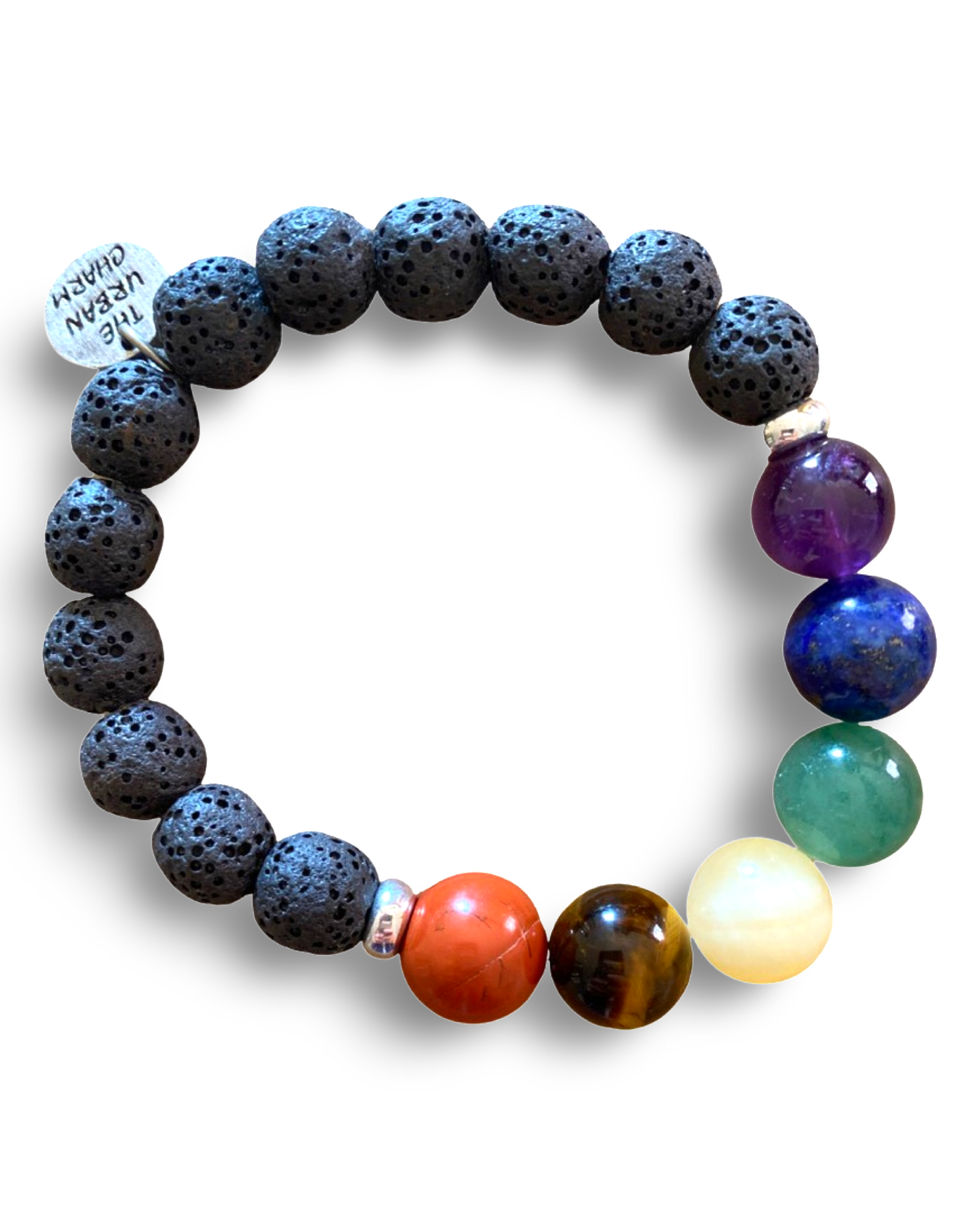 Large Black Lava Rock Chakra Balance Bracelet with Natural Gemstones and Charm