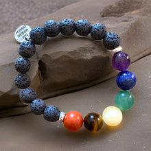 Load image into Gallery viewer, Large Black Lava Rock Chakra Balance Bracelet with Natural Gemstones and Charm
