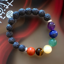 Load image into Gallery viewer, Large Black Lava Rock Chakra Balance Bracelet with Natural Gemstones and Charm
