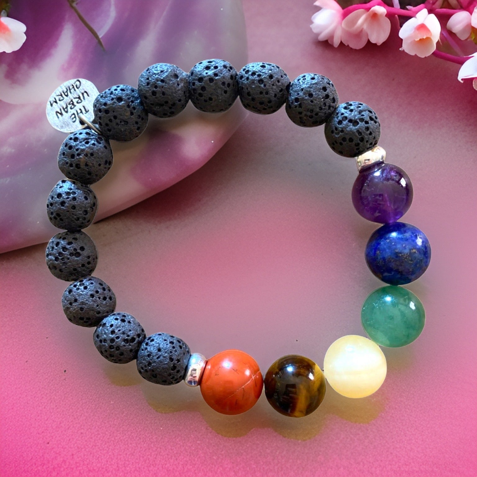Large Black Lava Rock Chakra Balance Bracelet with Natural Gemstones and Charm