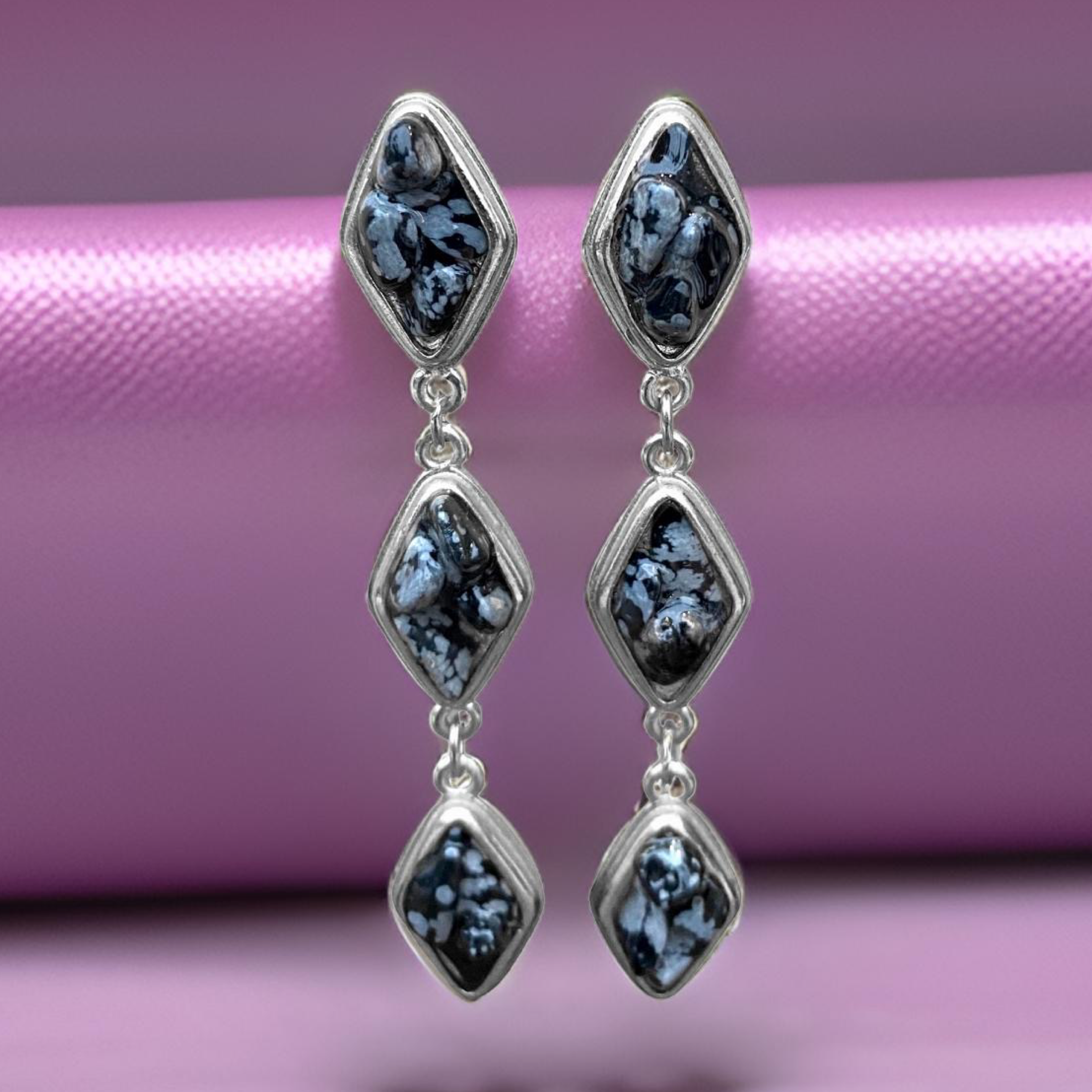 Natural Snow Obsidian and Silver Tier Drop Earrings by The Urban Charm