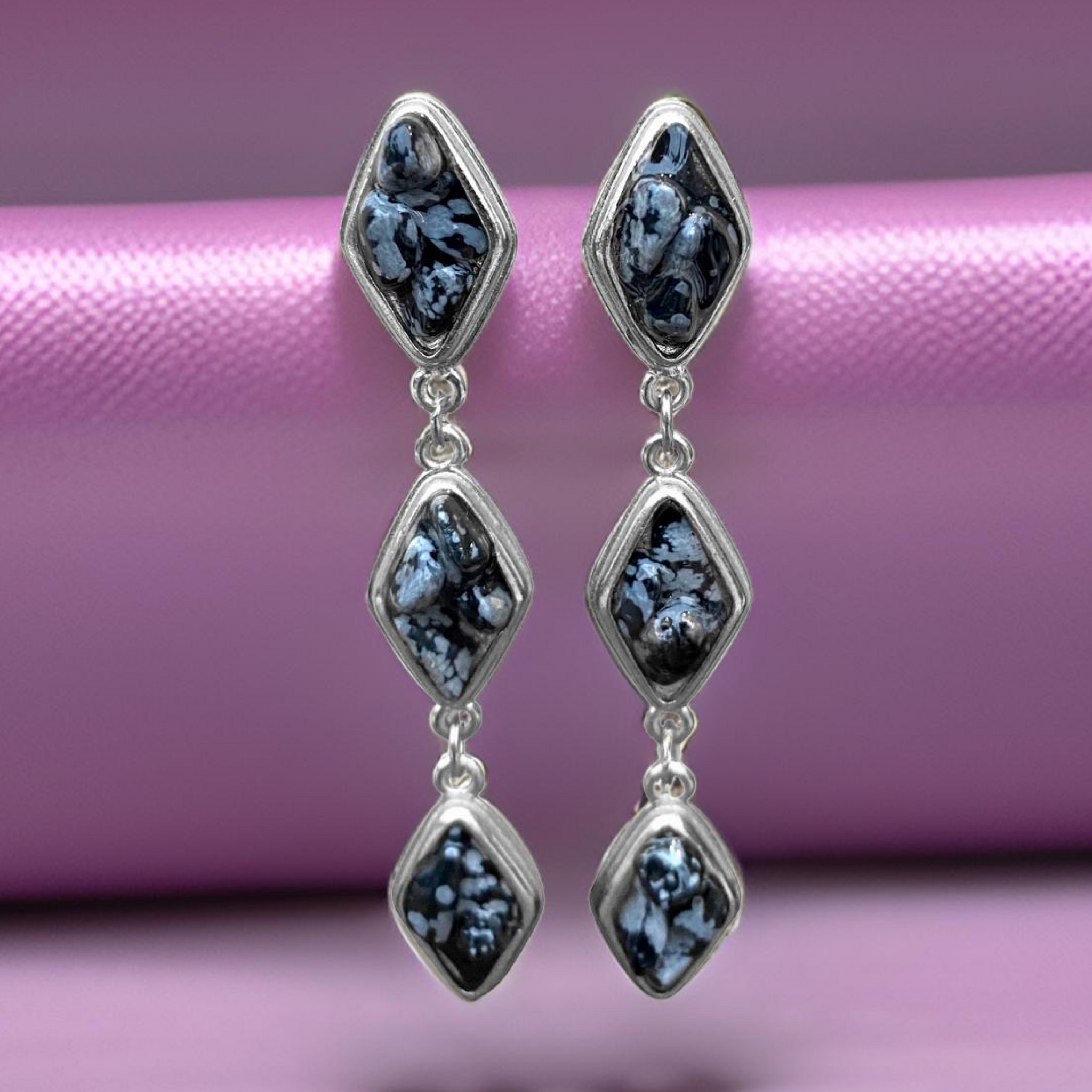 Natural Snow Obsidian and Silver Tier Drop Earrings by The Urban Charm