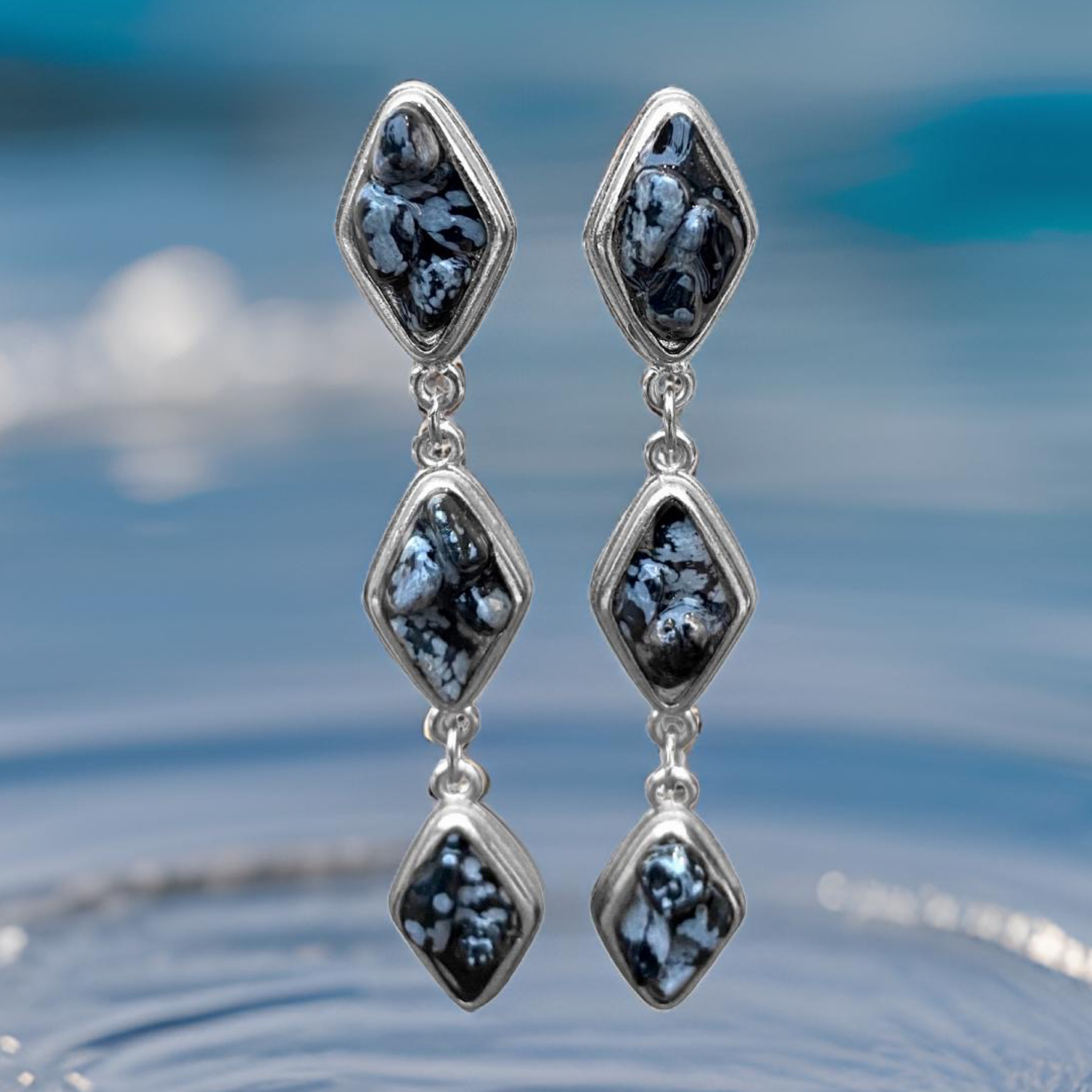 Natural Snow Obsidian and Silver Tier Drop Earrings by The Urban Charm