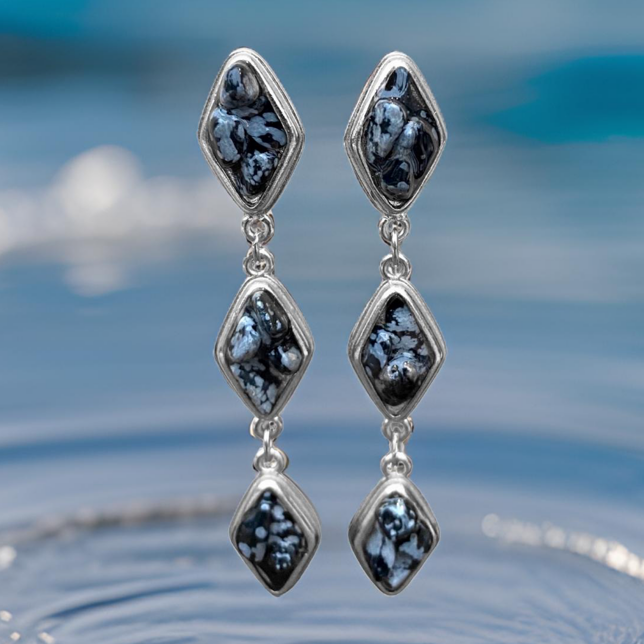 Natural Snow Obsidian and Silver Tier Drop Earrings by The Urban Charm