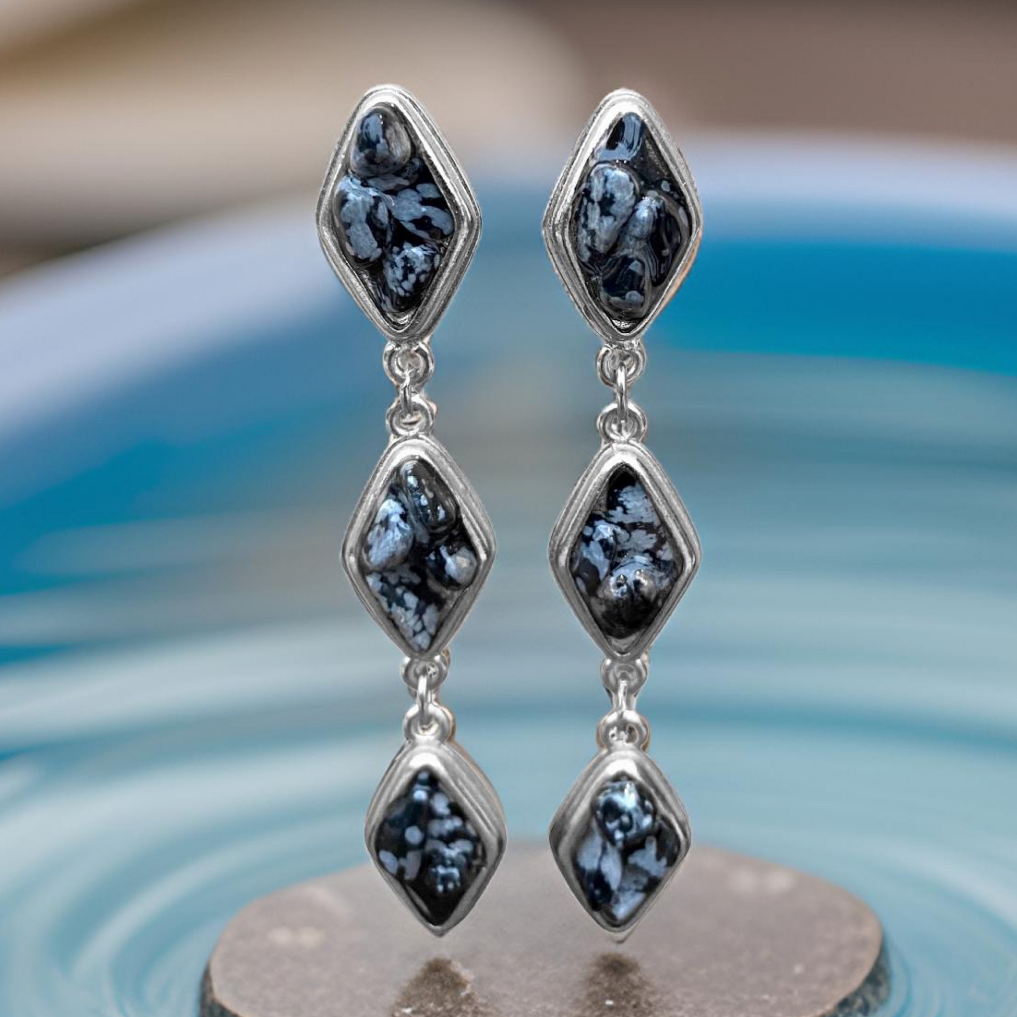 Natural Snow Obsidian and Silver Tier Drop Earrings by The Urban Charm