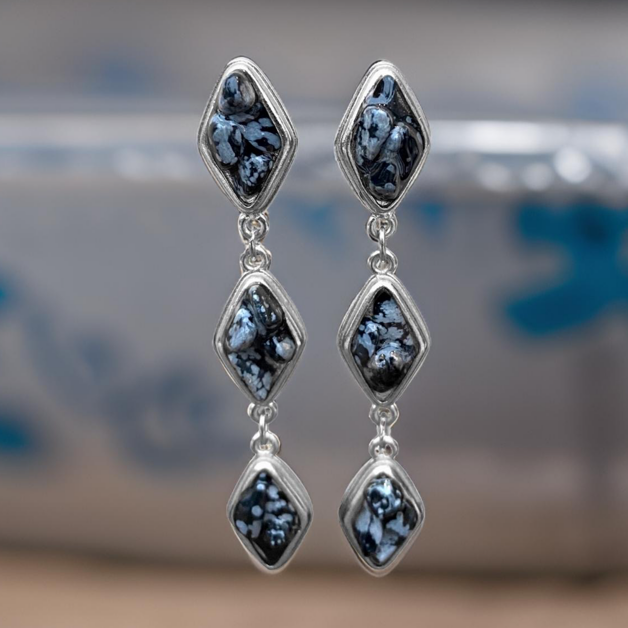 Natural Snow Obsidian and Silver Tier Drop Earrings by The Urban Charm