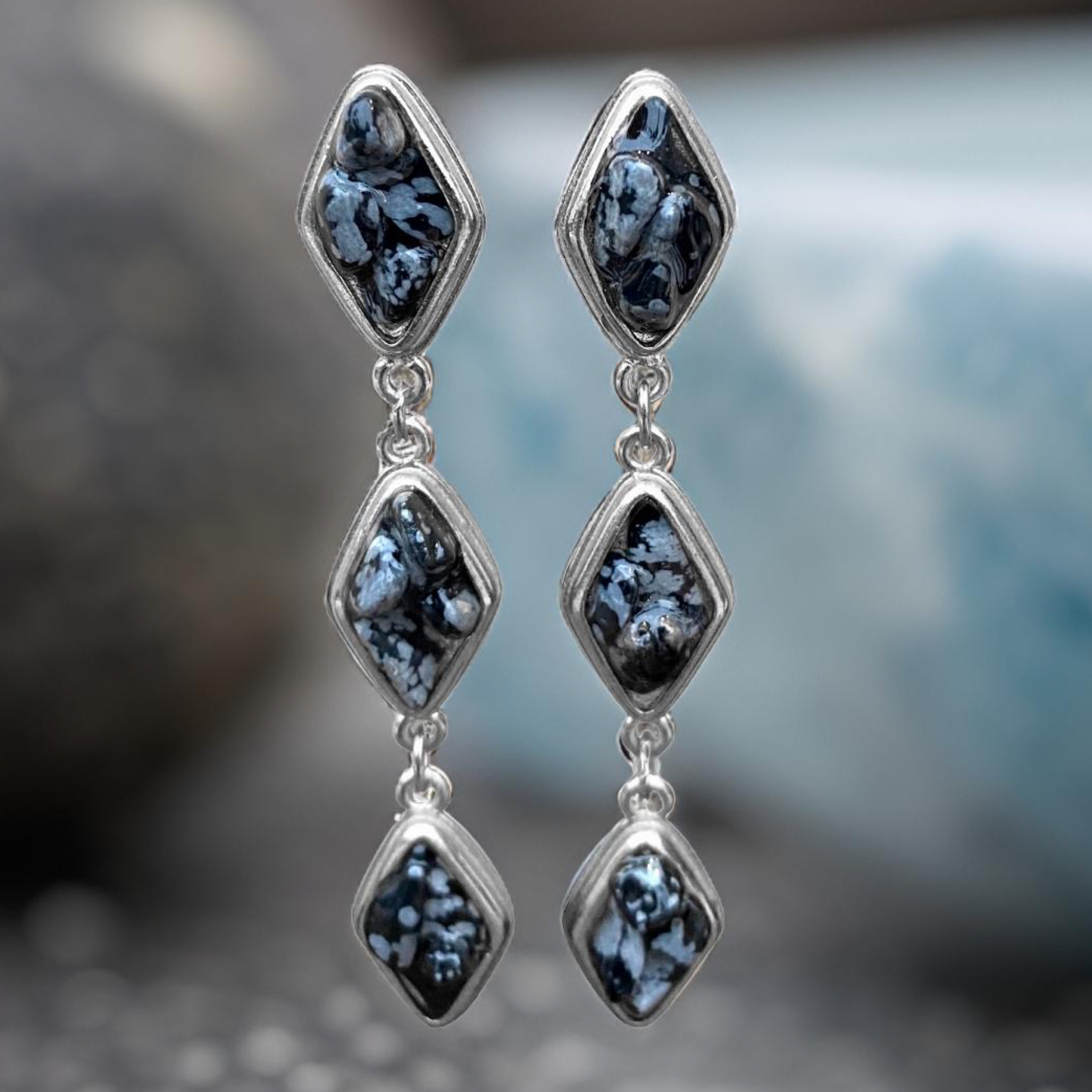 Natural Snow Obsidian and Silver Tier Drop Earrings by The Urban Charm