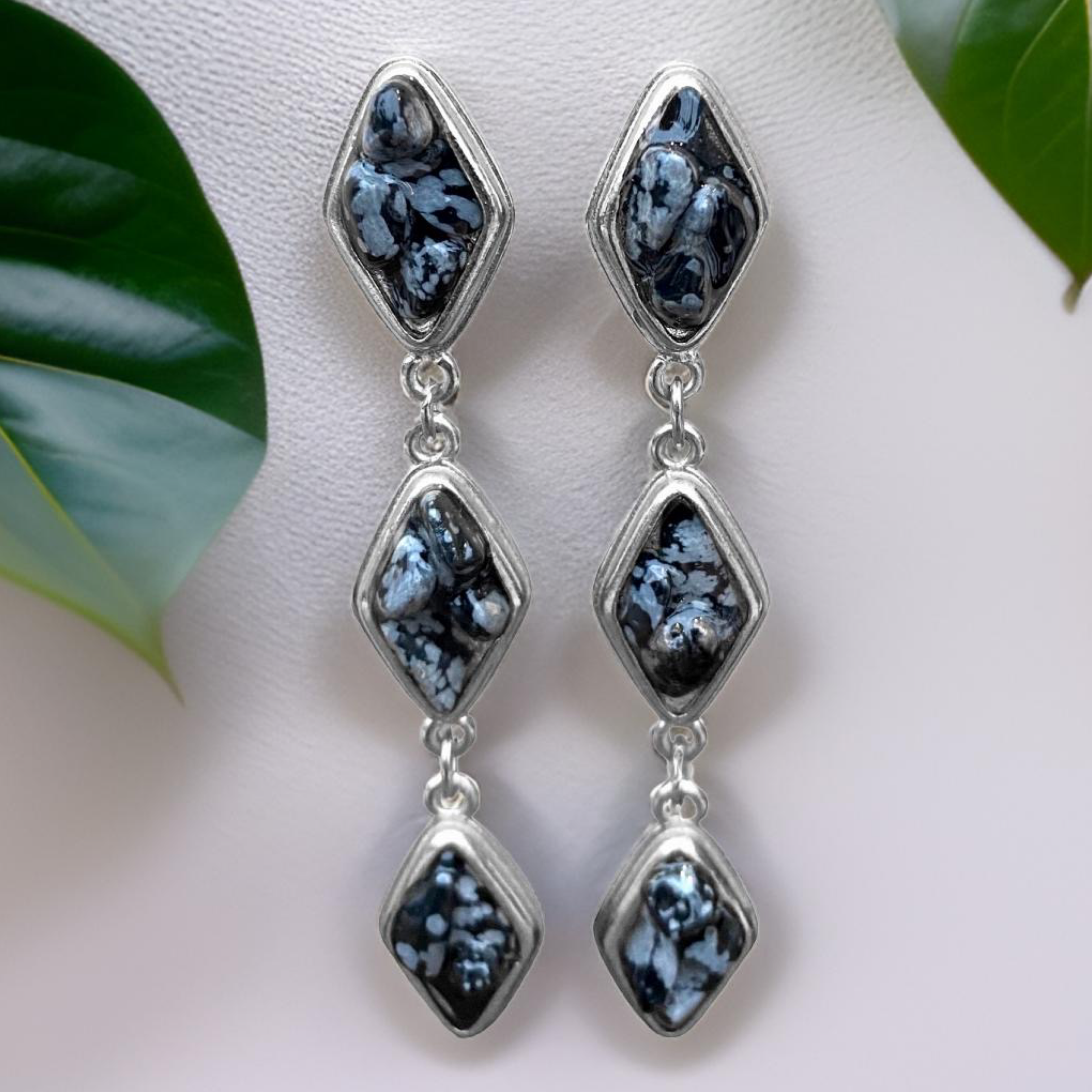 Natural Snow Obsidian and Silver Tier Drop Earrings by The Urban Charm