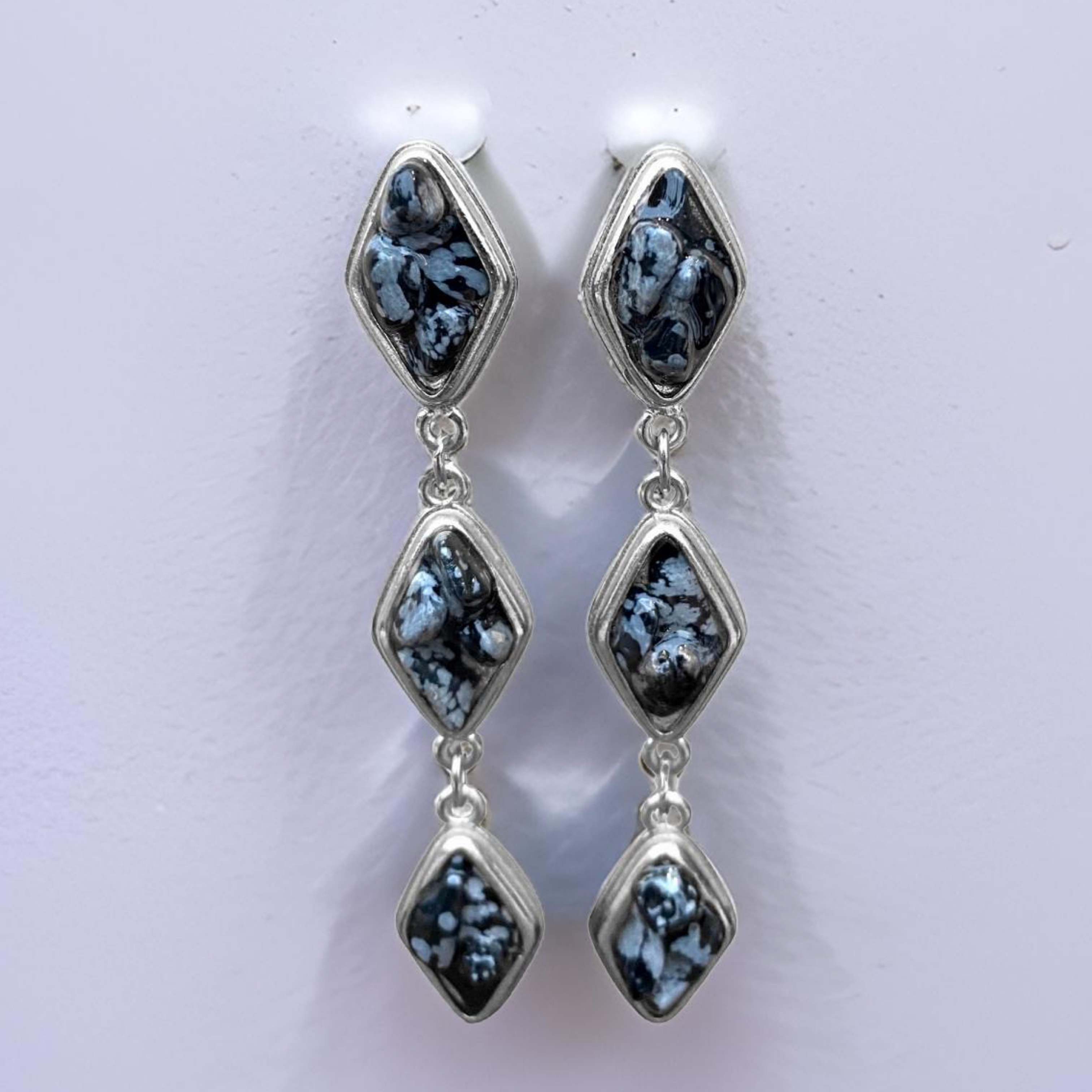 Natural Snow Obsidian and Silver Tier Drop Earrings by The Urban Charm