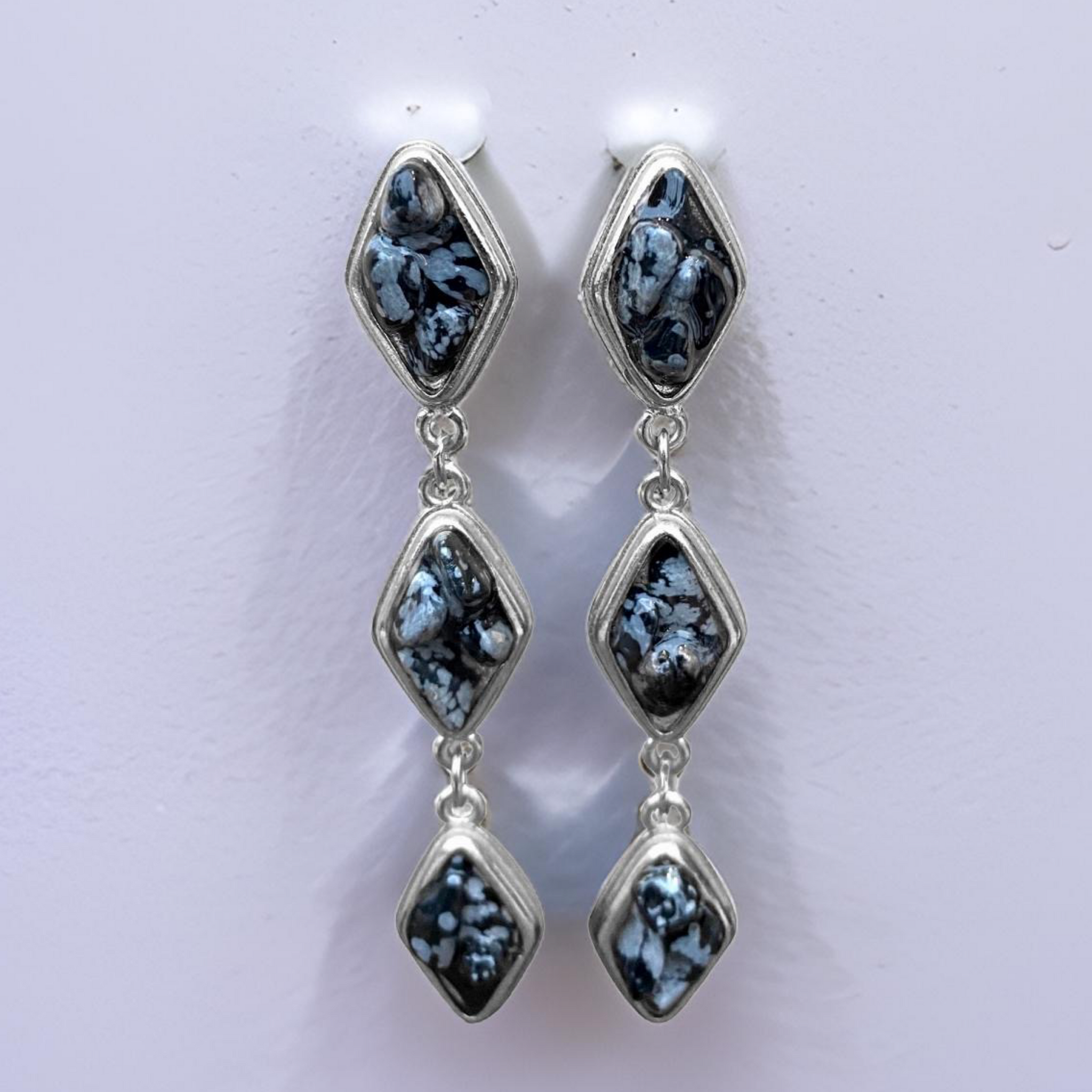 Natural Snow Obsidian and Silver Tier Drop Earrings by The Urban Charm