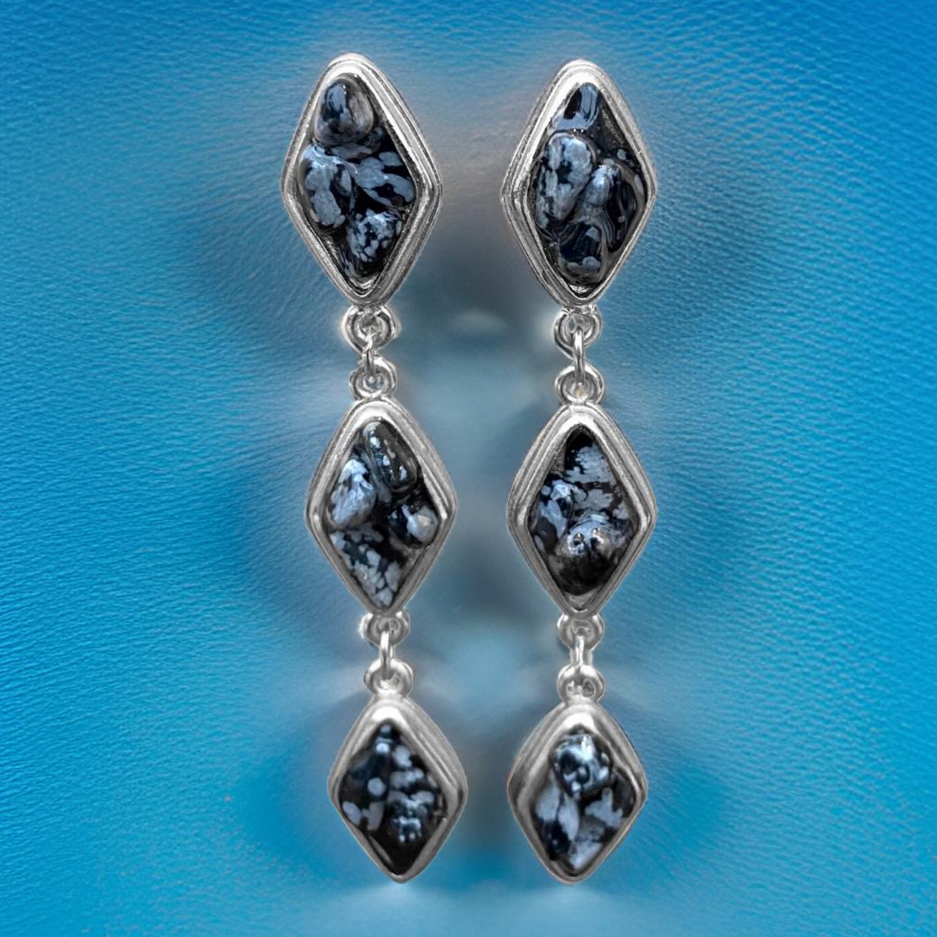 Natural Snow Obsidian and Silver Tier Drop Earrings by The Urban Charm
