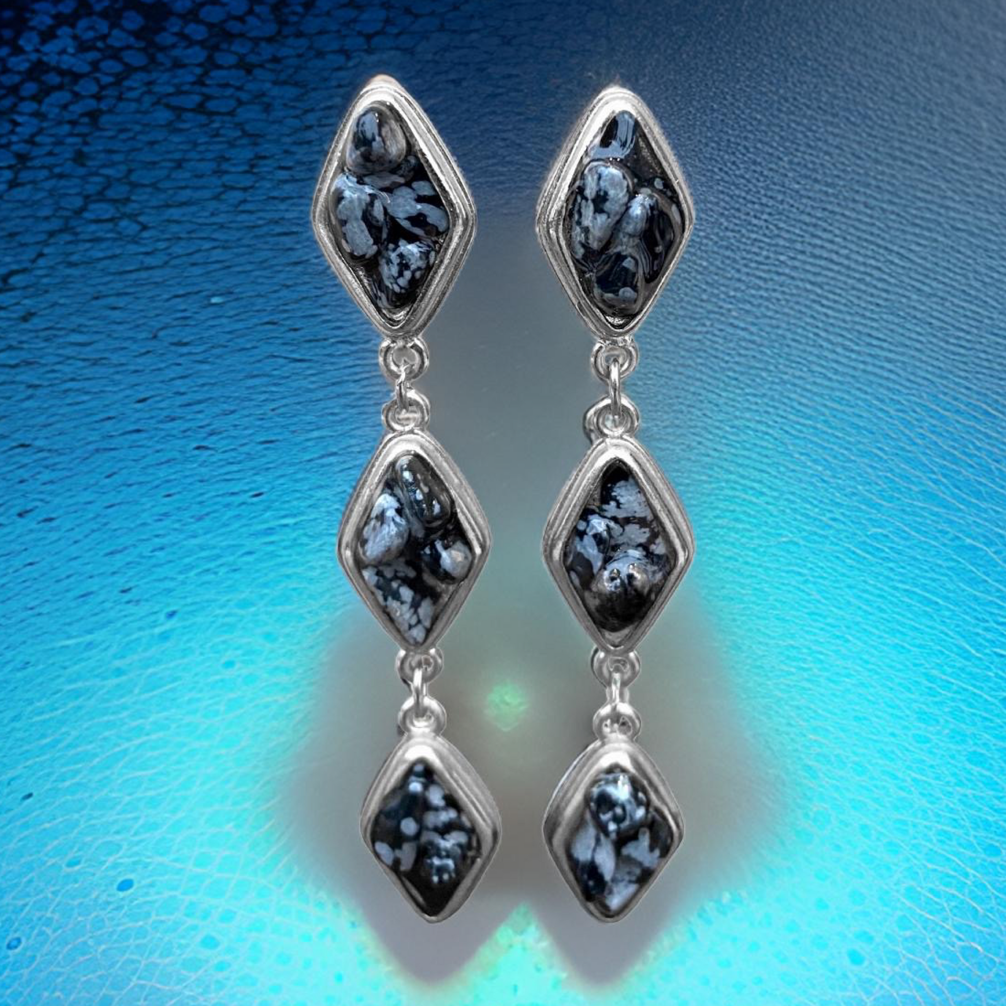 Natural Snow Obsidian and Silver Tier Drop Earrings by The Urban Charm