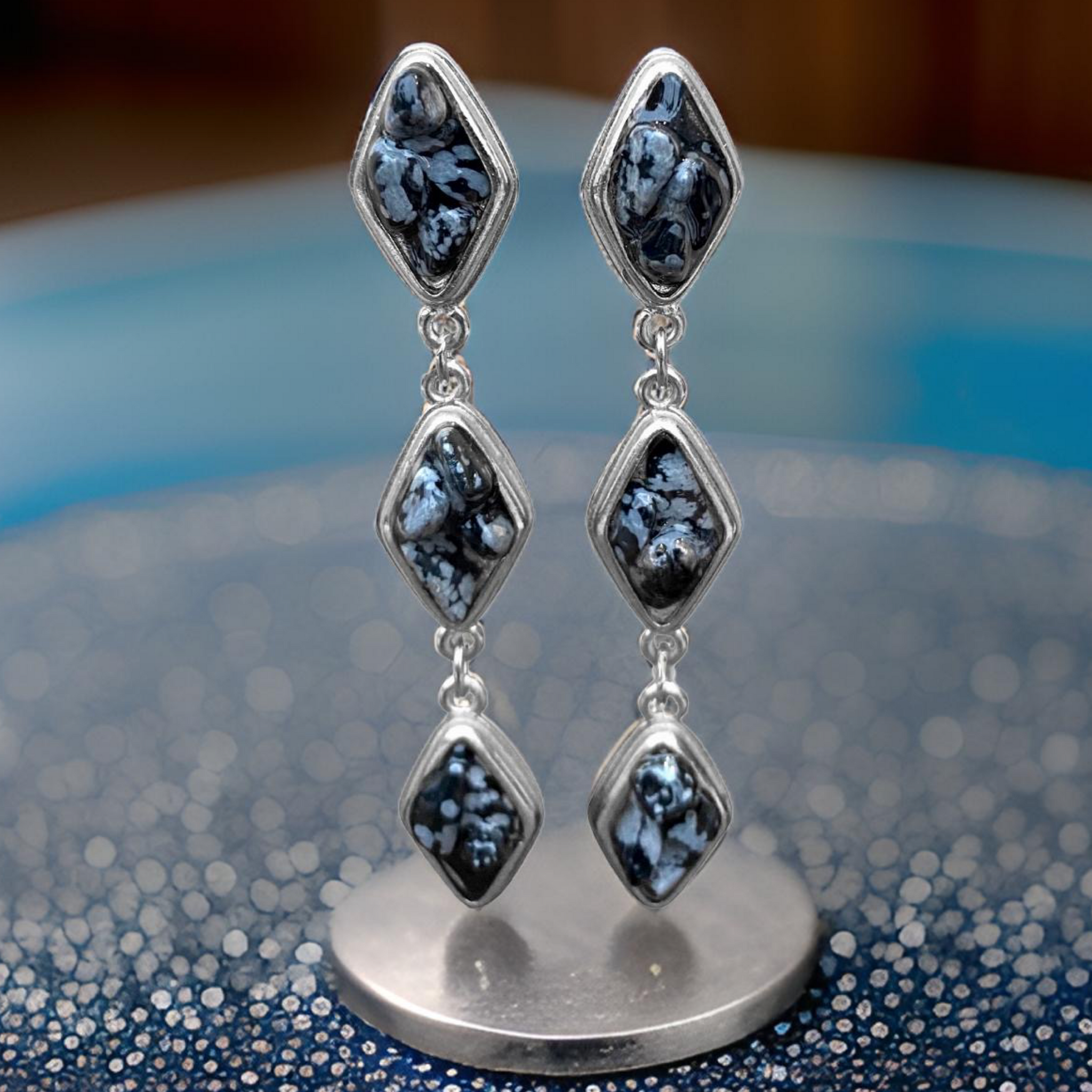 Natural Snow Obsidian and Silver Tier Drop Earrings by The Urban Charm