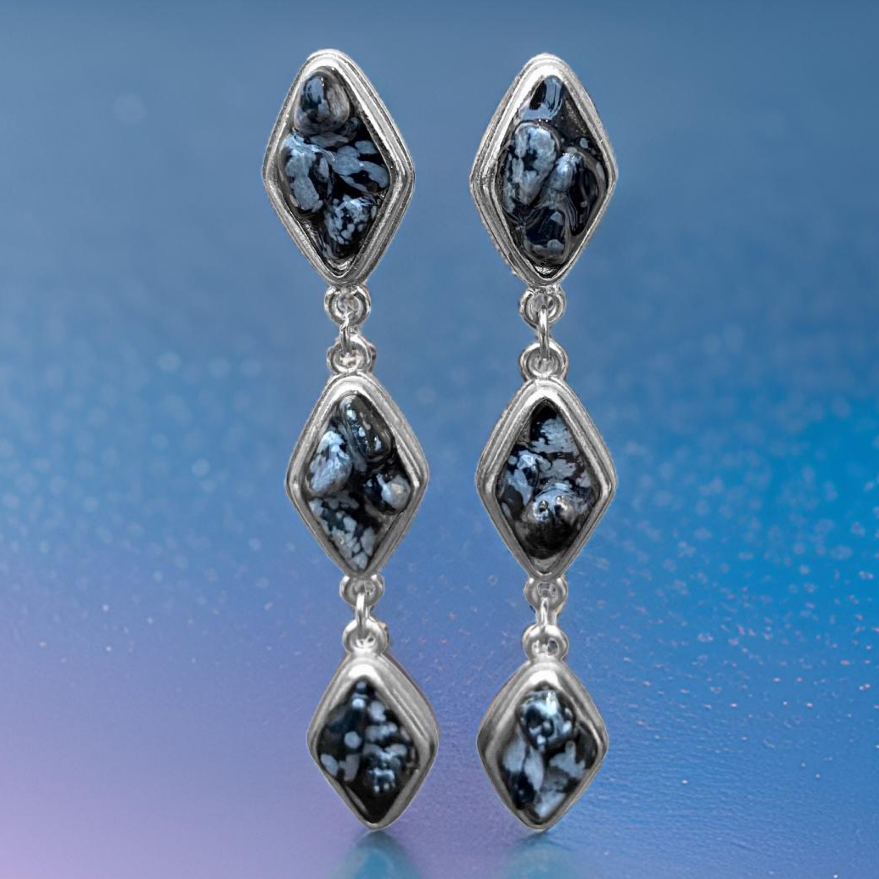 Natural Snow Obsidian and Silver Tier Drop Earrings by The Urban Charm